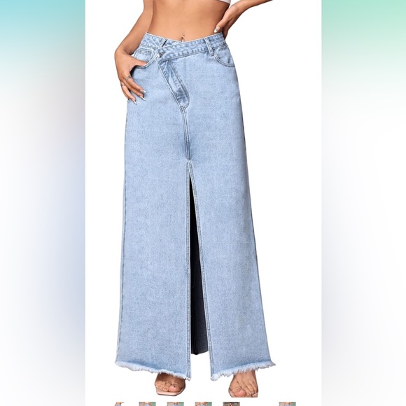 SweatyRocks Dresses & Skirts - SweatyRocks Women's Wrap Waist Zipper Fly Raw Hem Denim Skirt Split Thigh Maxi